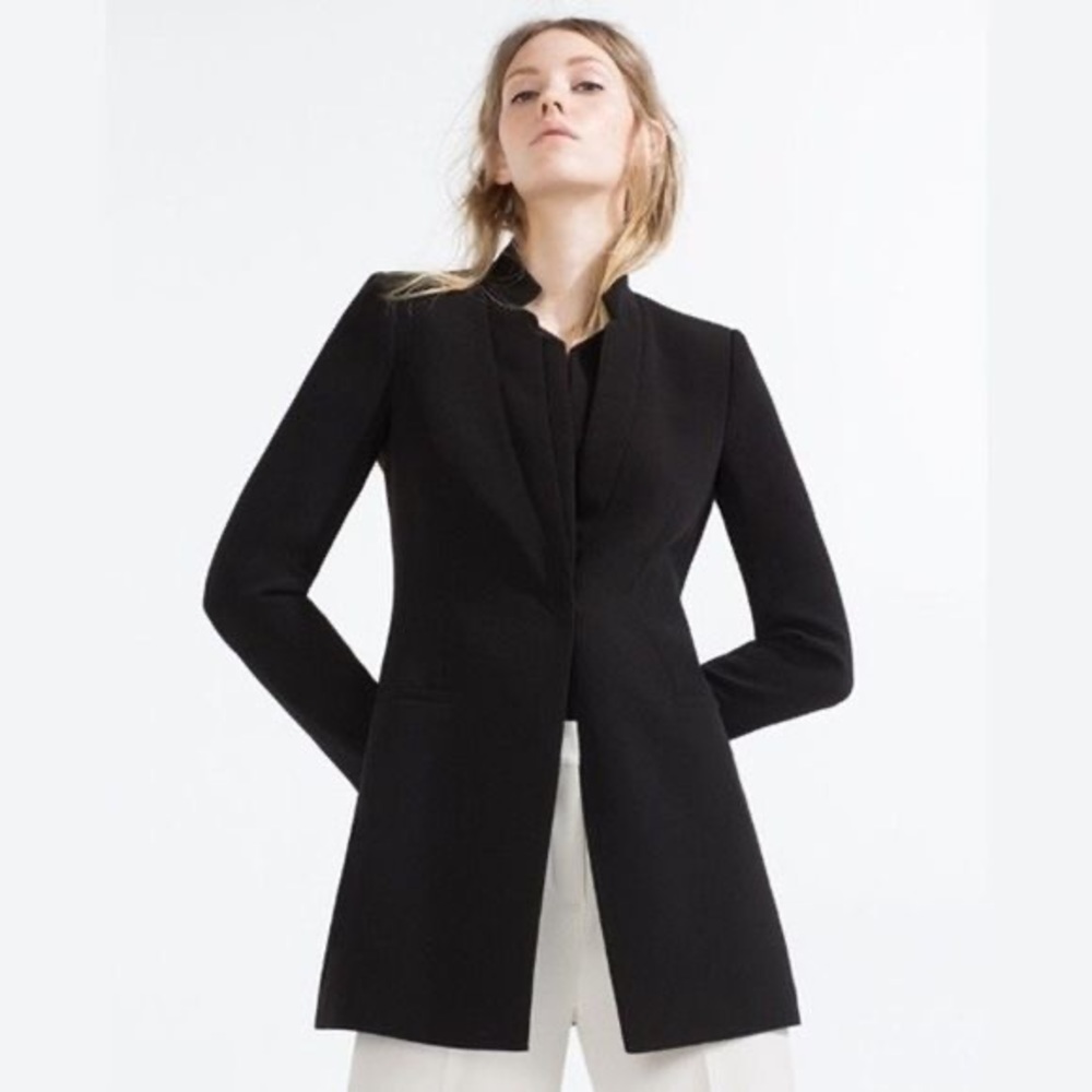 Zara Black Inverted Lapel Long Blazer Coat Small